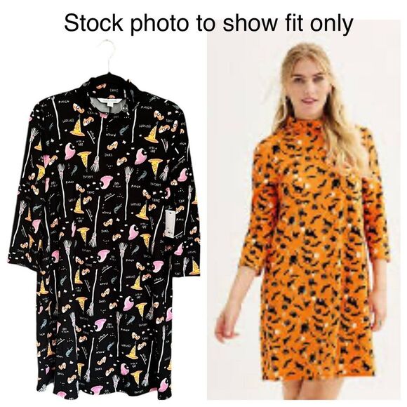 New Celebrate Together Print Brushed Halloween Mock Neck Swing Dress Sz Medium - Picture 1 of 15
